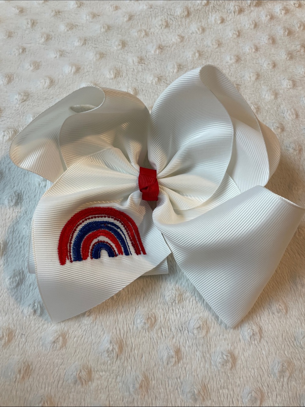 White Kids Ribbon Hair Bow with Red and Blue Rainbow Accent